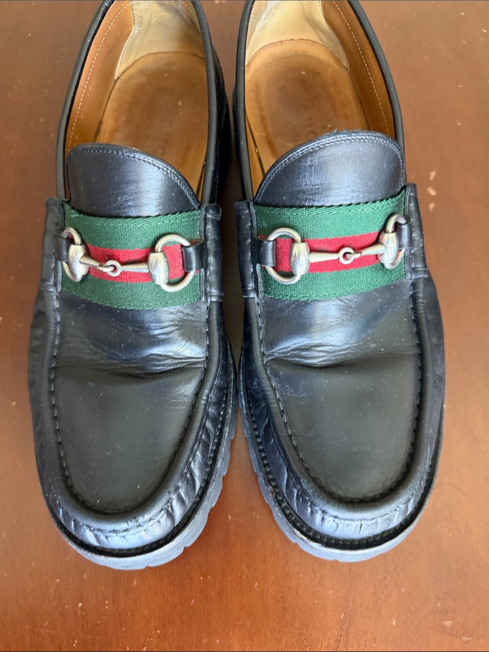 Gucci Black Leather Loafers with Green and Red Web